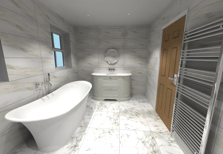 image of 3D CGI bathroom design of a white freestanding boat bath in a grey bathroom with grey vanity unit and chrome towel rail